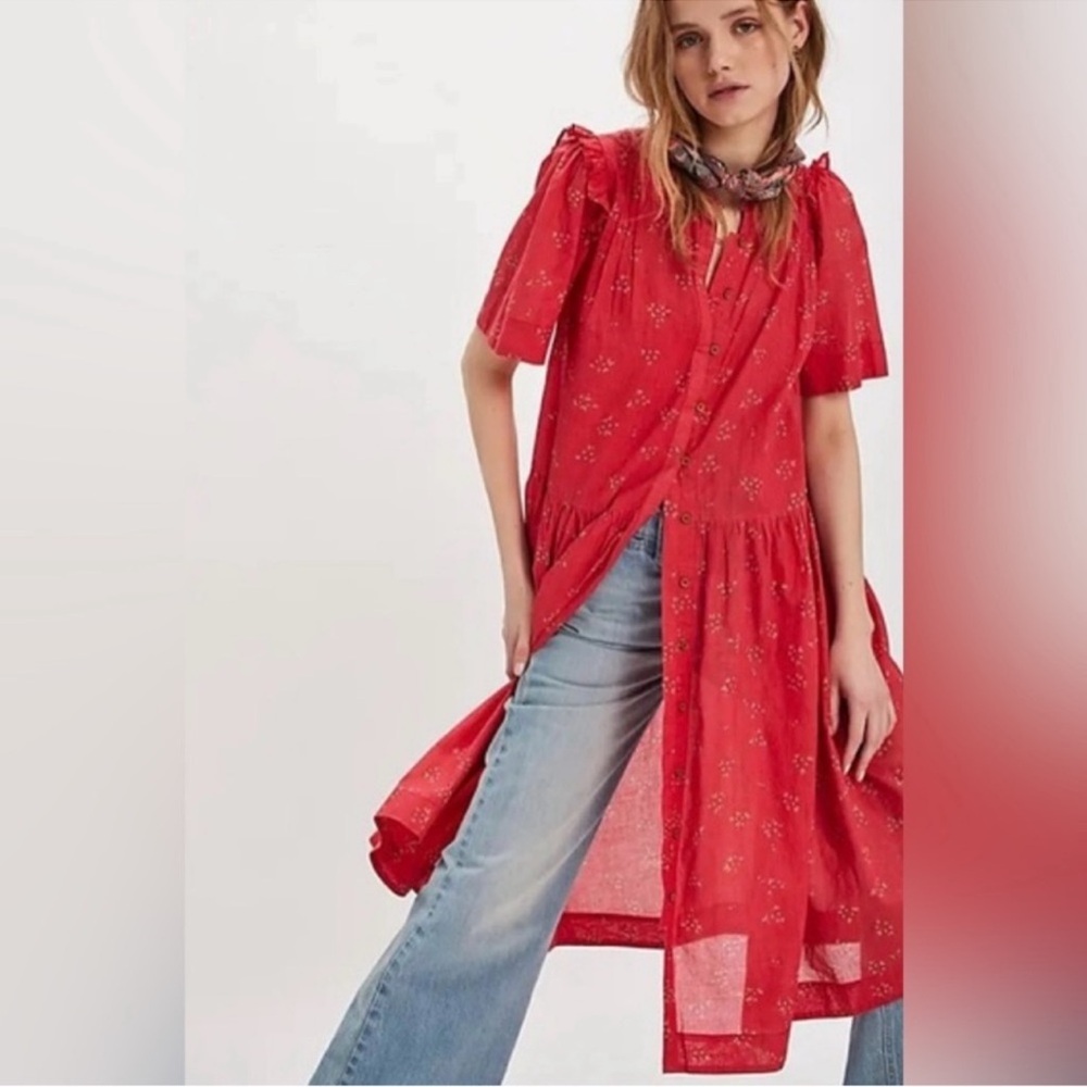 Free People Red Floral Button-Down Dress